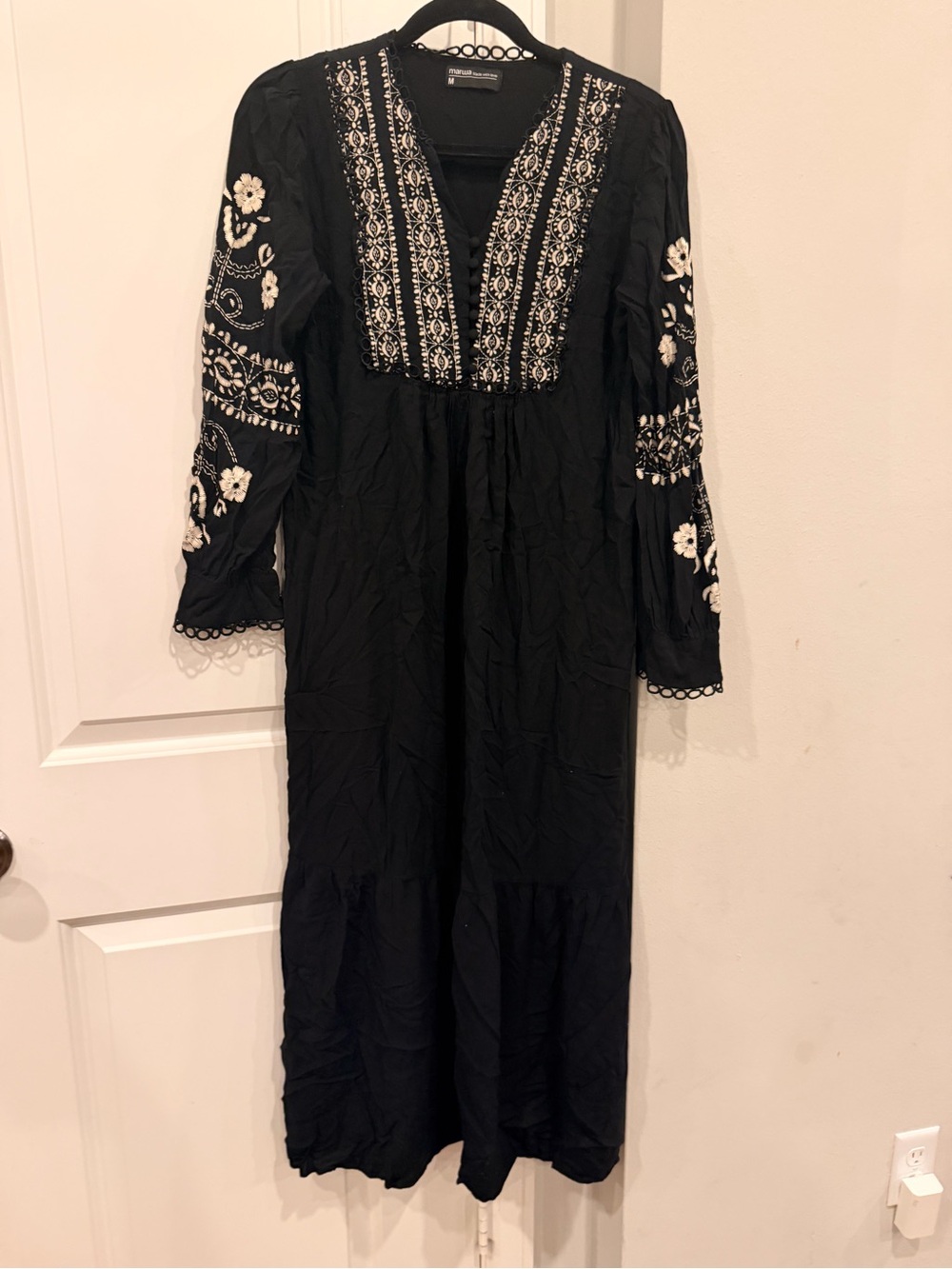 Embroidered Black Maxi Dress with White Floral Accents